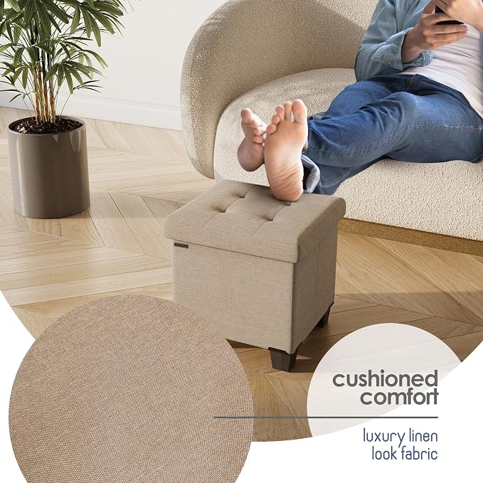 Storage Ottoman Cube with Small Bin, 15-in Square Ottoman with Storage for Living Room and Bedroom, Small Ottomans Foot Rest, Fabric Foot Stools Ottomans Max 330lbs, Taupe - Image 7