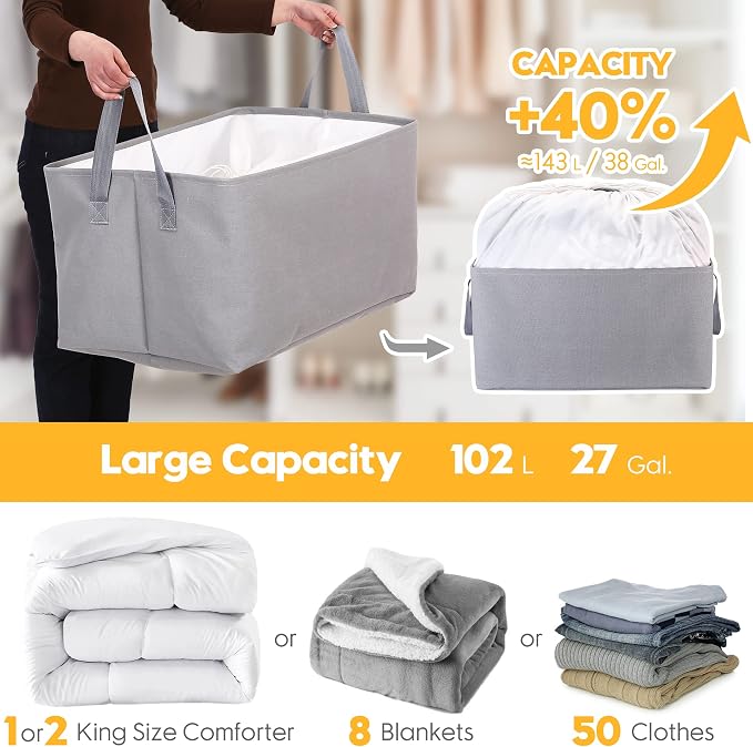 Hinwo 102L XXL Canvas Storage Bin with Lid and Handles, 4-Pack | Collapsible Fabric Baskets, Closet Shelf Organizers, Containers for Clothing, Blankets, Toys, Bedding (White) - Image 4