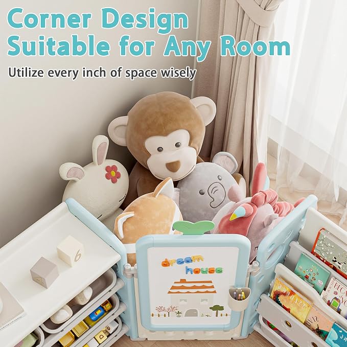 Kids Toy Storage Organizer with 10 Removable Bins, Foldable Toy Organizers and Storage with 3-Tier Bookshelf for Kids Toy Storage Organizer with Drawing Board, Extra 3 Brushes (4 In 1 Light Blue) - Image 7