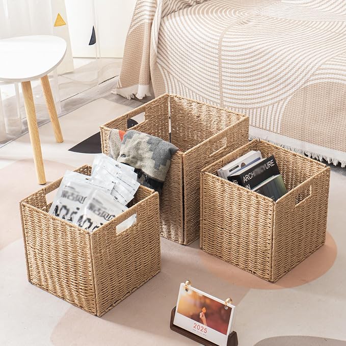 Foldable Storage Cube Bins Set of 4, Paper Woven Square Baskets, Natural, 11" x 11" x 11" - Image 8