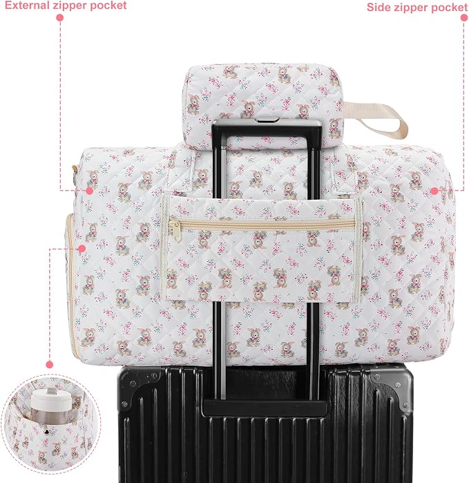 Bunny Quilted Duffle Bag with Shoe Compartment and Toiletry Pouch | Separate Shoe Pocket, Multi External Pockets, Detachable Shoulder Strap, Luggage Sleeve For Travel - Image 4