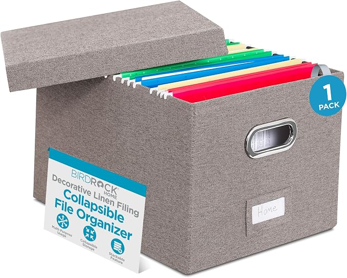 Internet's Best Collapsible File Box Storage Organizer with Lid - Decorative Linen Filing & Storage Office Boxes – Hanging Letter/Legal Folder – Home Office Bins Cabinet – Grey Container - 1 Pack by BIRDROCKHOME