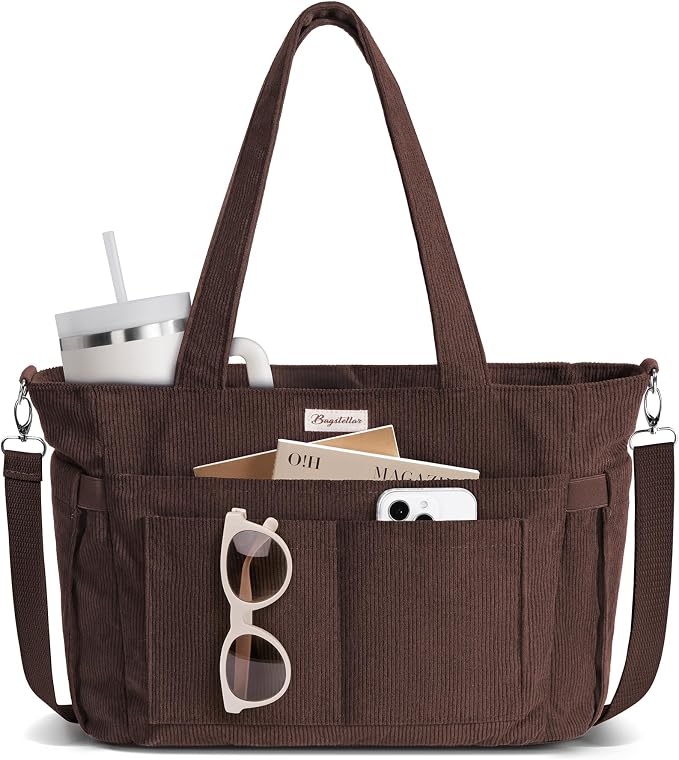 Bagstellar Corduroy Tote Bag for Women, 17 Pockets Laptop Work Tote Purse | Large 15.6” Computer Bag w/ 40oz Cup Holder & Strap, Zipper Teacher Nurse Bible Shoulder Bag for School Travel College Office by Bagstellar