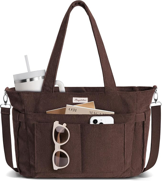 Bagstellar Corduroy Tote Bag for Women, 17 Pockets Laptop Work Tote Purse | Large 15.6” Computer Bag w/ 40oz Cup Holder & Strap, Zipper Teacher Nurse Bible Shoulder Bag for School Travel College Office by Bagstellar