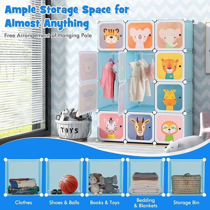 HONEY JOY Kids Wardrobe Closet, Baby Cartoon Clothes Storage Organizer, 12 Cubes & 2 Hanging Sections, Portable Children DIY Modular Bedroom Armoire Dresser Cabinet for Boys Girls (Blue) - Image 5