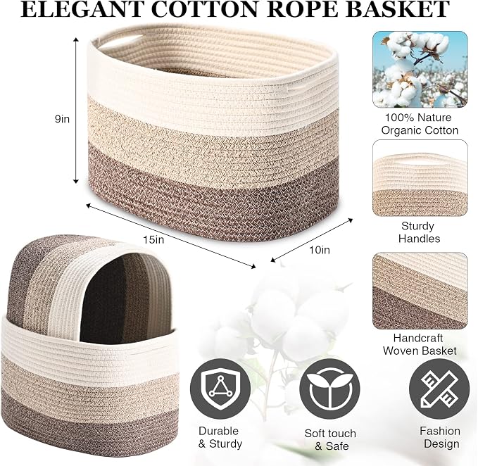 Cotton Rope Storage Baskets for Organizing - 3 Pack, 15"x10"x9" Woven Baskets for Storage, Shelf, Towel, Toys, Nursery, Laundry (White/Brown) - Image 2