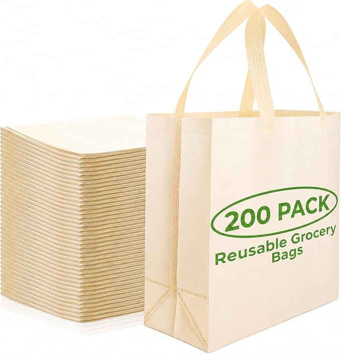 Simply Cool 200 Pack Reusable Grocery Bags, Medium Tote Bags Bulk, Cream | 12.6"x6.3"x11.8" Heavy Duty Non-woven Custom Shopping Bags with Handles, Foldable, Washable for Retail and Commercial use by SimplyCool
