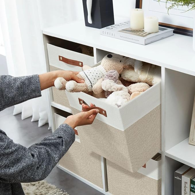 DECOMOMO Fabric Cube Storage Bins, Storage Baskets for Shelves 4 Pack | 11 inch Cube Storage Organizer for Kallax and Cubbies (Beige & White) - Image 3