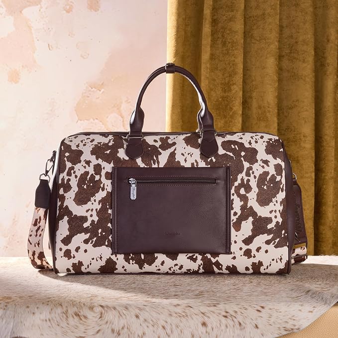 Wrangler Rustler Wildside Cow-Print Weekender Duffel Bag Large Carry On Bags with Tassels, Coffee - Image 3