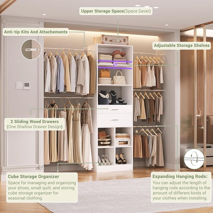 Besiost Closet System, 4-8 FT Closet Organizer Tower with 2 Wooden Drawers and Shelves, Can Fit 60 to 96 inch Walk-in Closet System with 5 Hanging Rods, Built-in, White - Image 4