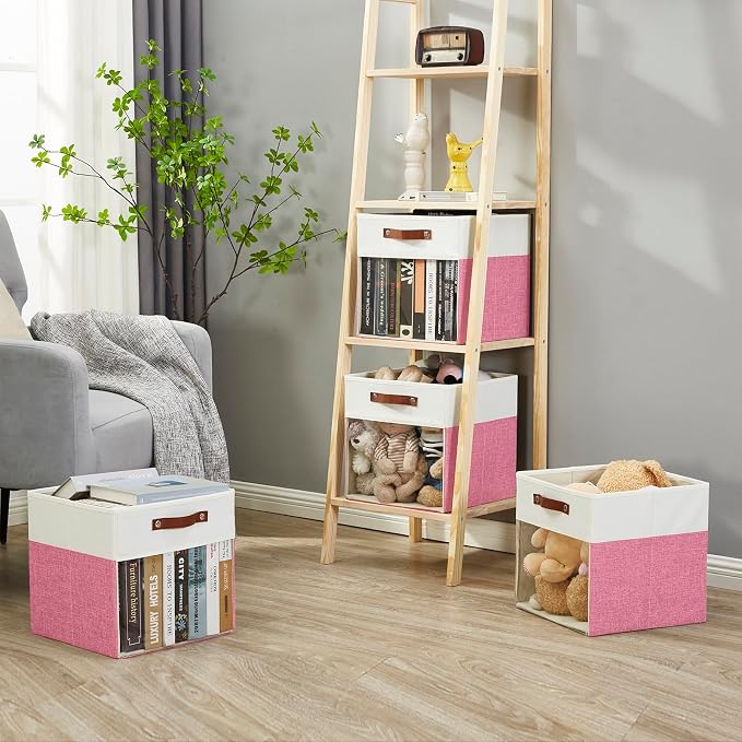 Storage Cubes, 4 Pack Linen Foldable Storage Bins with Clear Window and 2 Handles, 13x15x13 Storage Cube Bins for Shelf Closet, Kallax, Clothes, Books - (Pink / Off-White) - Image 3
