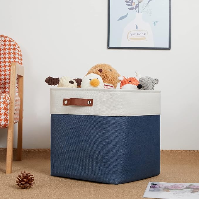 DULLEMELO Storage Baskets for Shelves Closet Storage,Large Home Organization Bins for Gifts Empty,Foldable Fabric Storage Cubes Baskets for Nursery Toy Towels Clothes Storage(White&Blue) - Image 2