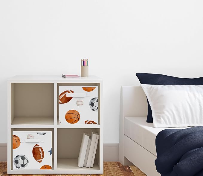 Sweet Jojo Designs Sports Theme Boy Collapsible Fabric Storage Cubes Foldable Bins Organizer Boxes Kids Baby Childrens Toys Set of 2 - Watercolor Soccer Balls Football Baseball Basketball Blue Stars - Image 2
