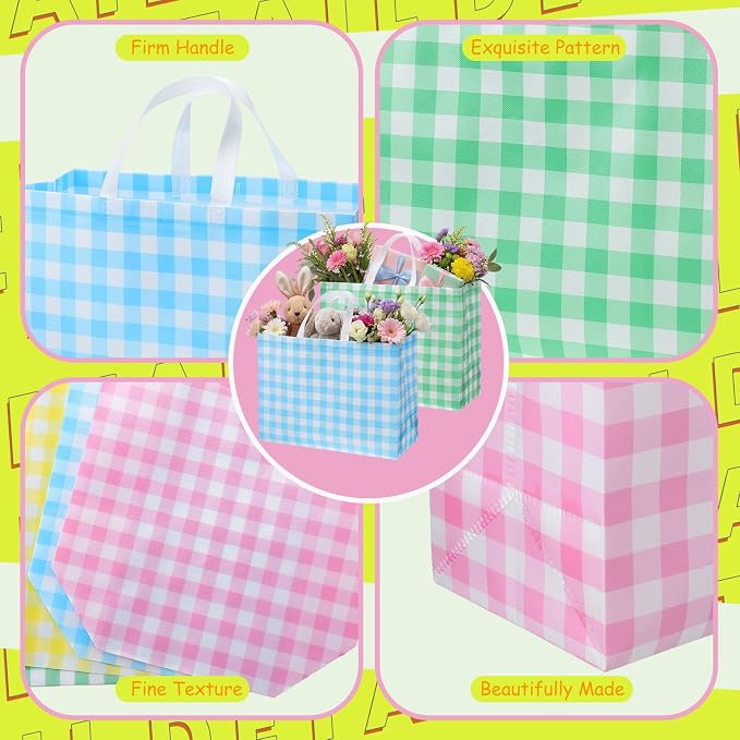 Colarr 24 Pcs Extra Large Easter Tote Bags Bulk with Handle Spring Gift Bag Non Woven Buffalo Plaid Waterproof Reusable Bag for Spring Holiday Wedding Party Supplies,16.5'' x 13 "x 7'' - Image 4