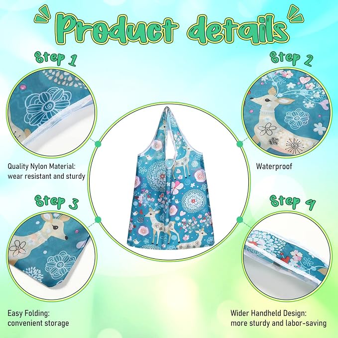Tanlade Reusable Floral Grocery Bags Foldable Tote Bags Washable Shopping Large Flower Pouch with Attached Pouch for Women - Image 5