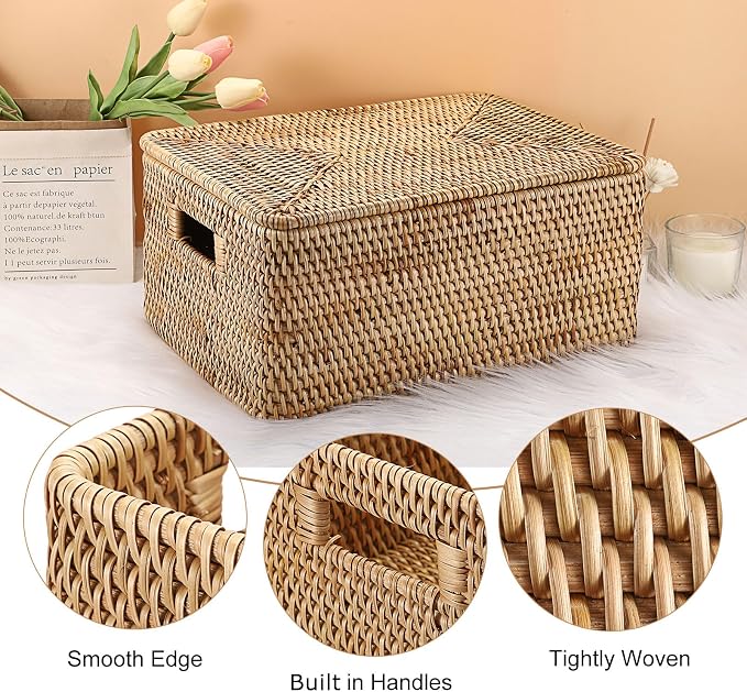 Hipiwe Rattan Basket With Lid Rectangular Lidded Basket Wicker Storage Bin | Hand-Woven Natural Basket Box for Shelf Organizing Picnic Food Bread Table Storage Basket, 15.1 x 11.2 x 7.3 Inch - Image 4