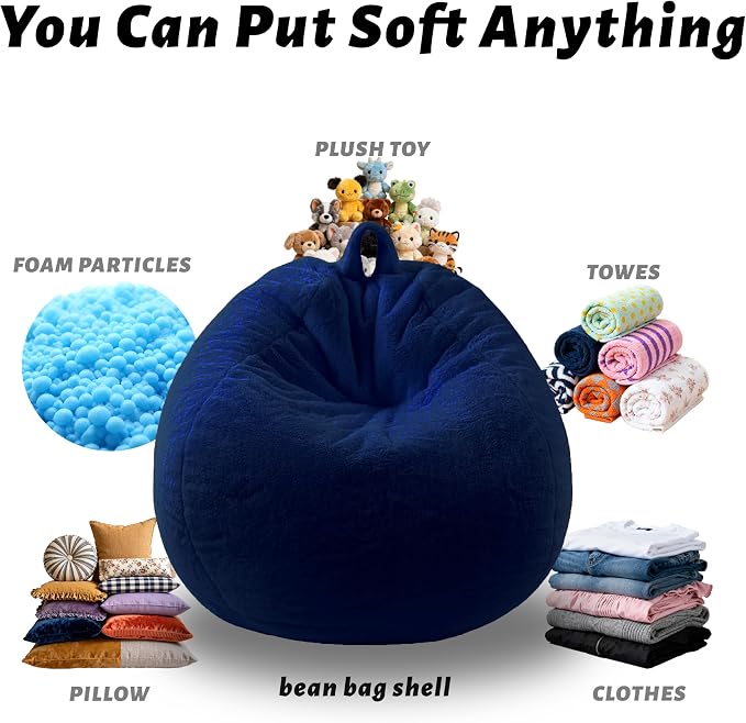 Faux Fur Bean Bag Cover (No Filler) Stuffed Animal Storage Adults Kids Blue | Bean Bag Covers Large Bean Bag Sofa for Kids Teens, furry fuzzy surface, for living room bedroom kids holiday gift - Image 3