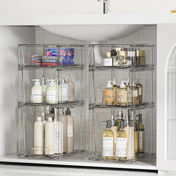 Vtopmart Clear Stackable Storage Drawers, 6 Pack Tall Organizer Set | Tall, Medium and Small Pull-Out PET Drawers with Stackable Design for Bathroom Under-Sink Storage and Vertical Organization - Image 2