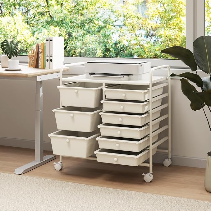 RELAX4LIFE 9 Drawer Rolling Storage Cart - Mobile Drawer Carts for Craft Art Supply Paper Salon, Utility Cart on Wheels for Classroom Teacher School Office, Rolling Cart with Drawers (Ivory White) - Image 8