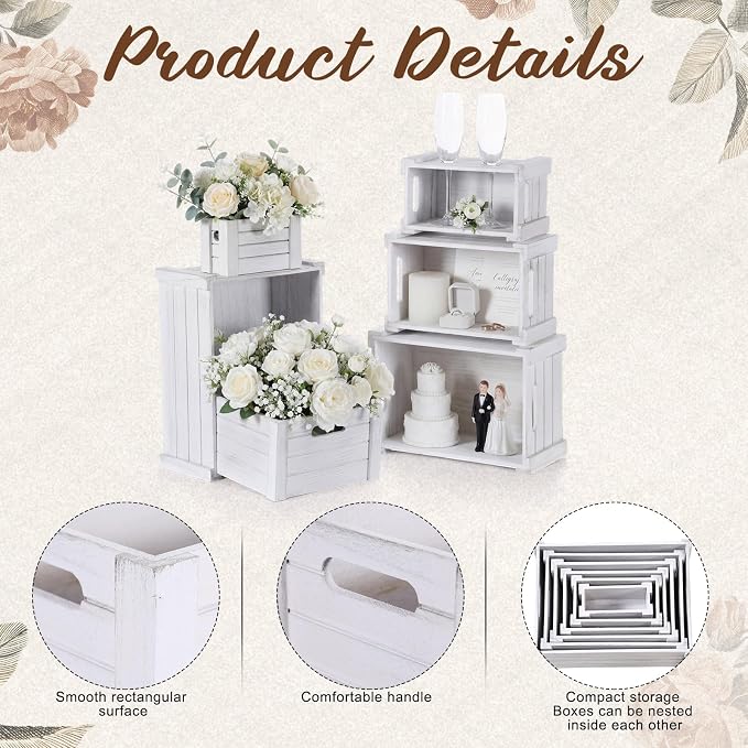 AceOrbit 6 Pcs Decorative Wood Crates for Storage Display 6 Size Rustic Nesting Crates with Handle Farmhouse Wooden Container Boxes for Wedding Bride Shower Party Market Farmers Decor(Vinage White) - Image 4