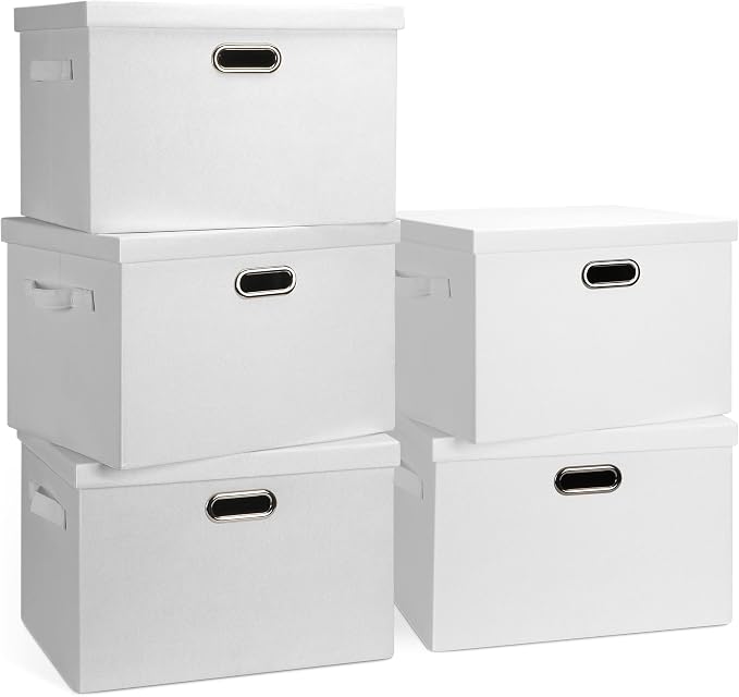 Graciadeco Large 17" 36 Quart Collapsible Stackable Storage Bins with Lids, 5 Packs White Linen Fabric Closet Boxes with Lids, Storage Cube Baskets Container Organizers for Bedroom Office(17 x12 x11) | 36 Quart 5 Pack White Collapsible Stackable Linen ... by GraciadecoStorage