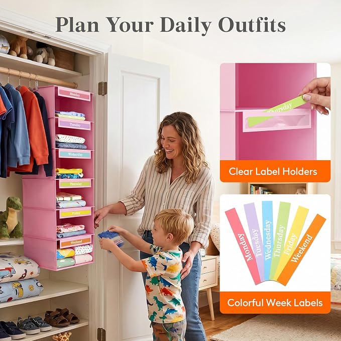 Lifewit 6 Shelf Weekly Hanging Clothes Storage Organizer for Kids, Pink | Closet Storage with Color Labels for School Outfits, Daily Clothing Divider with Days of The Week Monday to Friday Weekend - Image 5
