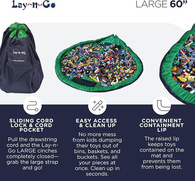 Lay-n-Go Layflat Portable Drawstring Cinch Storage Toy & Mini Figures Organizer & Play Mat, Mesh Pockets, Home & Travel, Kids & Toddlers Playdates, 2 Straps for Backpack, Durable, Machine Washable - Image 4