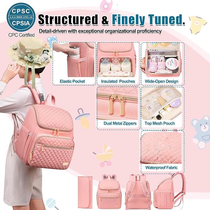 Diaper Bag Backpack Large Baby Diaper Bag with Changing Pad Travel Diaper Backpack,Baby Bag for Boys Girls,Stroller Straps,5 Insulated Pockets (Pink) - Image 5