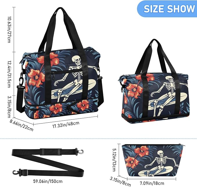 Travel Duffel Tote Bag Gothic Skull and Flower Sports Duffel Bag with Wet Pocket Weekender Overnight Bag for Women Men Gym Bag, Carry On Bag Hospital Bag for Labor and Delivery - Image 6