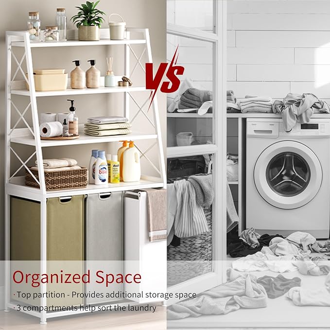 Herture Laundry Basket, 3 Section Laundry Hamper with 4 Tiers Shelf, Pull-Out and Removable Laundry Bags, Large 3 x 15.87 Gallons, 3 Color Bags for Laundry Room Bathroom White PF05XLE - Image 5