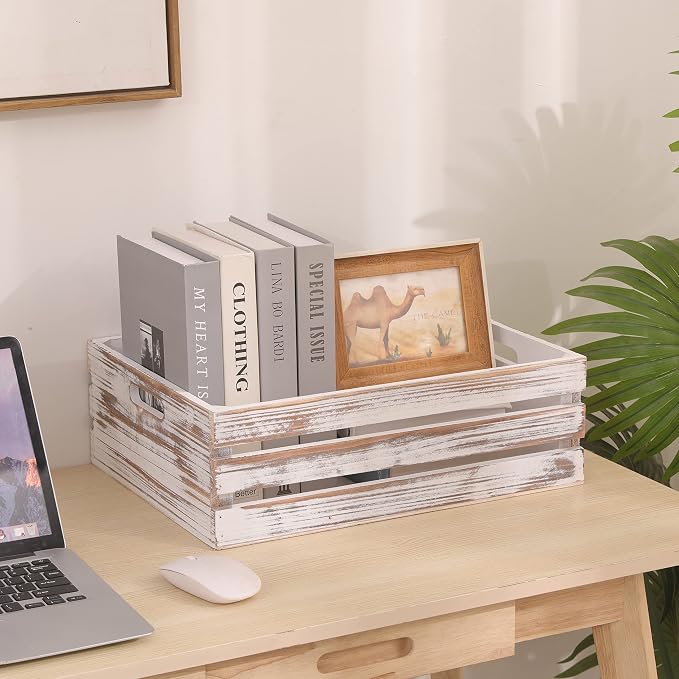 Large Size Wood Crates For Storage,Decorative Vintage White Wooden Crates For Display,Handmade Solid Wood Boxes,Set Of 3 Rustic White Wooden Crate. (vintage white) - Image 3