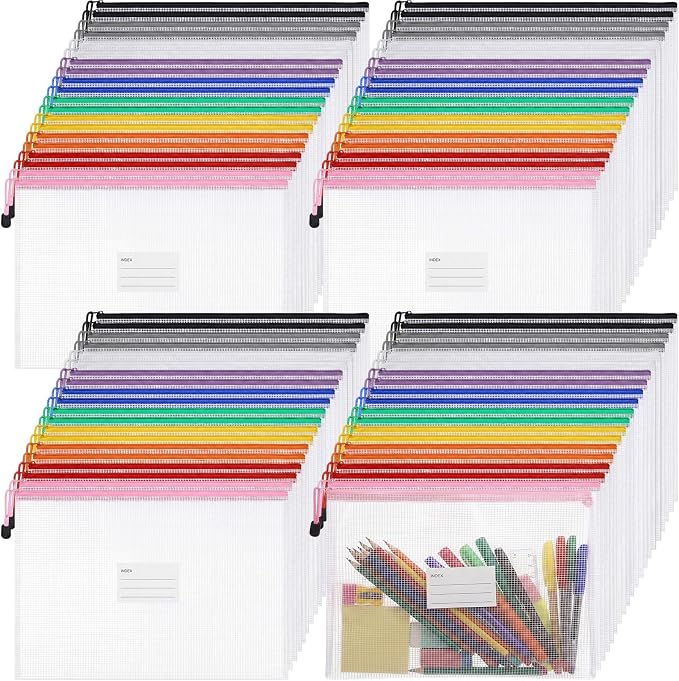 Handepo 100 Pcs A4 Mesh Zipper Pouch Bags with Label Pocket 13 x 9.45 Inch Waterproof Small Zipper File Bags Bulk Color Pencil Document Multipurpose Pouches for Office Travel Puzzles Games Organizing by Handepo