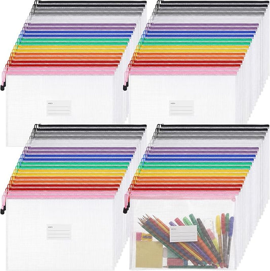 Handepo 100 Pcs A4 Mesh Zipper Pouch Bags with Label Pocket 13 x 9.45 Inch Waterproof Small Zipper File Bags Bulk Color Pencil Document Multipurpose Pouches for Office Travel Puzzles Games Organizing by Handepo