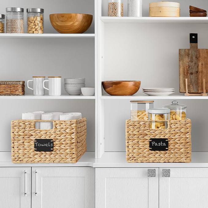 Casafield Set of 2 Water Hyacinth Pantry Baskets, 12-1/2" x 17" x 8", with Chalkboard Labels and Chalk Marker - Natural, Woven Storage Bin Organizers for Kitchen Shelves - Image 2