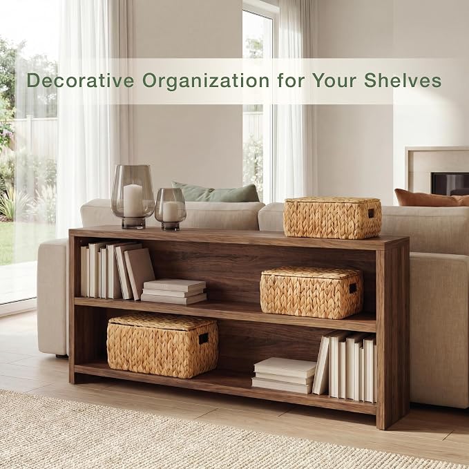 Set of 3 Wicker Baskets with Lid - Woven Storage Basket with Lid - Decorative Storage Boxes for Bathroom, Bedroom and Shelves - Image 2