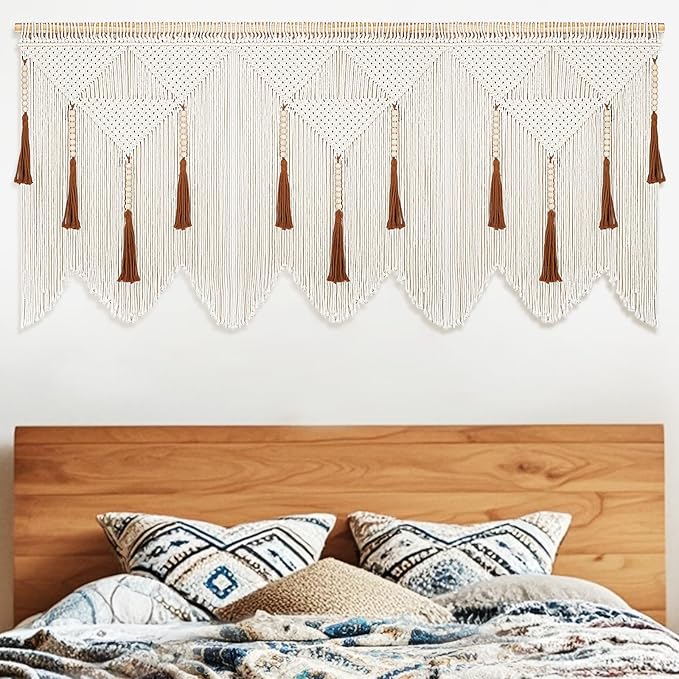 Large Macrame Wall Hanging, Boho Woven Tapestry with Wood Bead Tassel | Minimalist Above Bed Decor, Bohemian Wall Art, Handmade Cotton Woven, for Bedroom Living Room Apartment by ANROYE