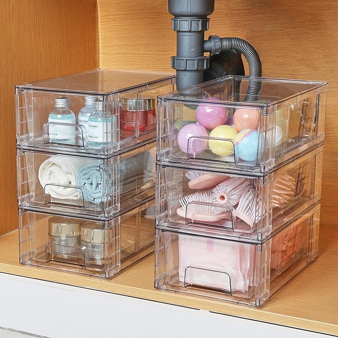 Vtopmart 4 Pack Stackable Clear Drawer with Dividers | Easy Assembly, Stackable Storage, Removable Dividers, Non-Slip Design, For Fridge, Under Sink, Pantry & Bathroom - Image 2