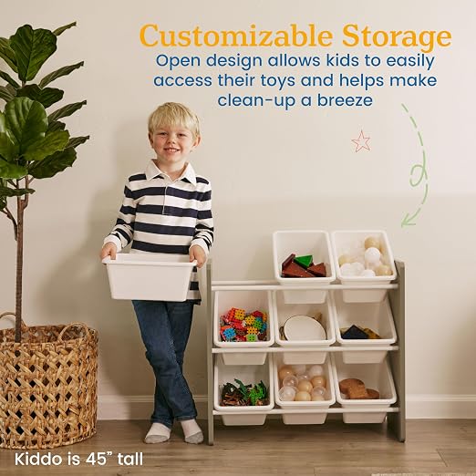 ECR4Kids 3-Tier Organizer with 9 Removable Plastic Bins, 3x3, Toy Storage, Grey/White | Durable plastic bins, MDF panels, steel frame, GREENGUARD Gold Certified, 27 lb capacity, anti-tip kit, playroom/classroom - Image 5