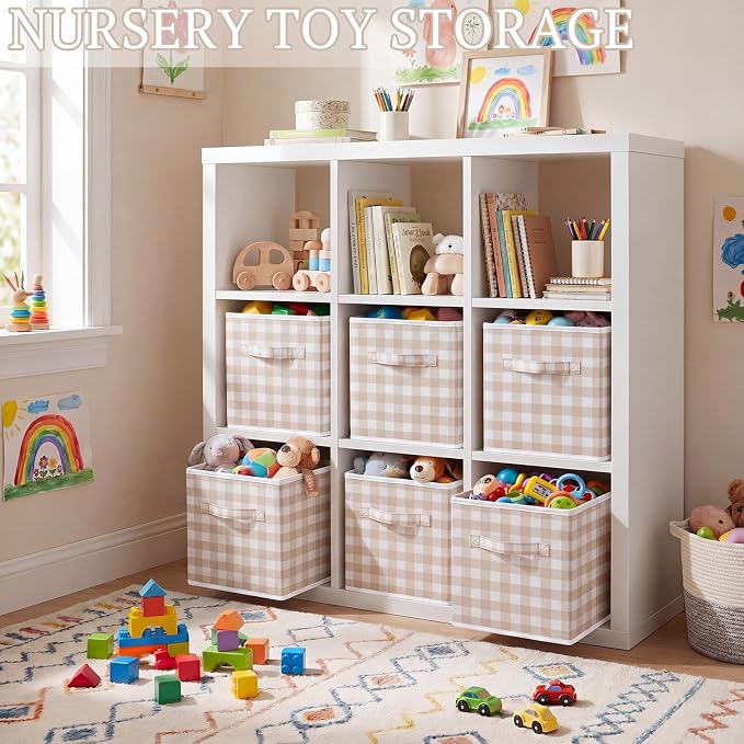 Yalikop 6 Pcs Beige Gingham Cube Storage Bins, 11 Inch Fabric Checkered Classroom Storage Bins Organizer with Handle Preppy Collapsible Cubby Basket for Classroom Home Nursery Playroom Bedroom - Image 3