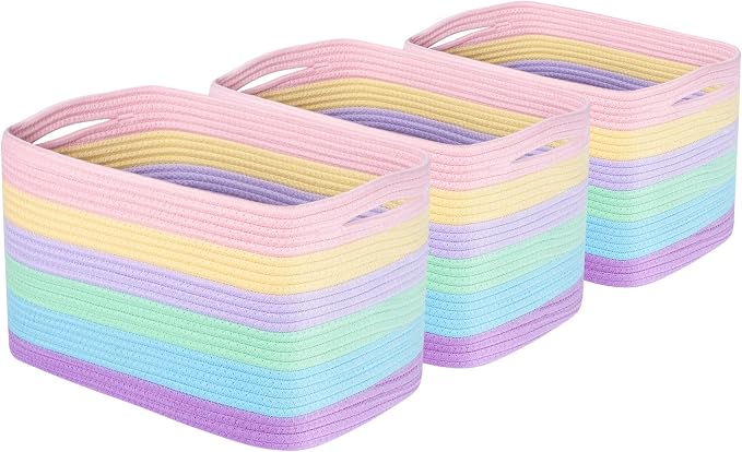 3-Pack Storage Baskets and Cube Bins for Shelves, Playroom and Classroom, Decorative Woven Closet Organizers for Books, Shoes, and Pantry Items, Pastel Rainbow - Image 8