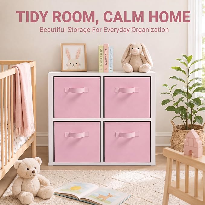 Yinder 4 Pcs Cube Storage Bin, Light Pink 14''x10''x8'' Storage Cubes | Kids Classroom Playroom Decor, Pink Bins, Foldable Baskets for Nursery Organizer Boxes Fabric Boxes - Image 6