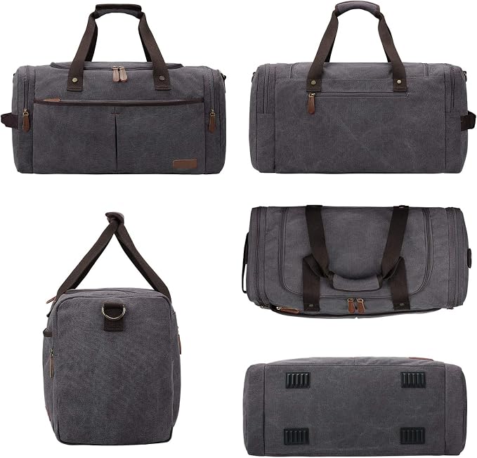 S-ZONE 65L Expandable Canvas Duffle Bag Travel Overnight Holdall Weekend Bag with Shoes Compartment Large Carry On Bag Tote Gym Bag for Men Women, Grey, L | Cotton Canvas, 45L Large Size, Shoes Compartment,Multi-Pocket, Removable Shoulder strap for Gym... - Image 7