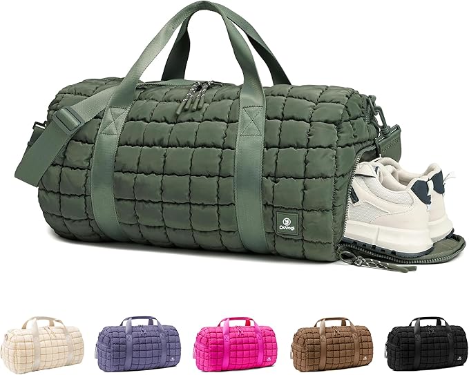 Quilted Gym Bag for Women,Duffle Bag for Travel with Wet Pocket,Carry on Weekender Bags for Women,Travel Bag with Shoe Compartment(Green) by DOYOGI