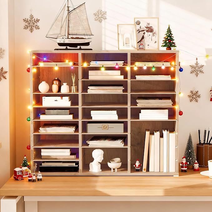 HOOBRO Literature Organizer, 27 Compartments Wooden Mail Organizer, Countertop Literature Sorter with Adjustable Shelves for Home, Office, School, Student Mailbox for Classroom, Greige BG27WF01 - Image 2