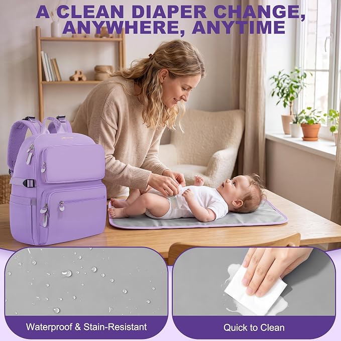 IBVIVIC Diaper Bag Backpack with Portable Changing Pad, Lavender Purple | Multifunctional Baby Bag for Mom Dad, Large Capacity, Stroller Straps, Insulated Bottle Pockets & Pacifier Case - Image 5