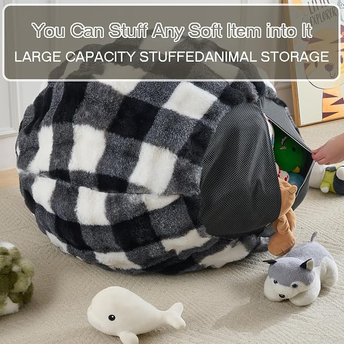 Fluffy Faux Rabbit Fur Bean Bag Chair Cover(No Filler),Cozy Shaggy Bubble Stuffed Animal Storage Large Bean Bag Cover for Bedroom Living Room,Fuzzy Bean Bag Cover Girls Teens Adult,Black/White - Image 4