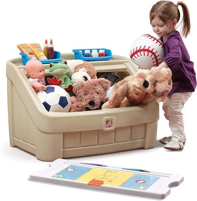 Step2 2-in-1 Toy Box & Art Lid, Kids Toy Storage Bin & Organizer, Easel & Chest in One, Made of Durable Plastic, For Toddlers 2+ Years Old, Tan - Image 2