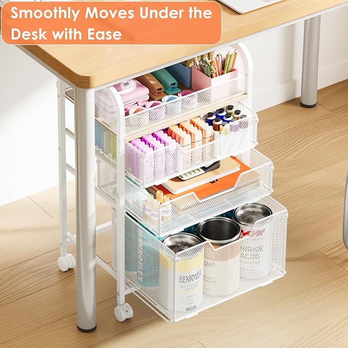 4-Tier Rolling Utility Cart with 3 Drawers-White Craft Organizers and Storage with DIY Dividers, Under Desk Cart with Lockable Wheels, Craft Cart Art Cart for Brushes Artifacts Patent Pending - Image 4