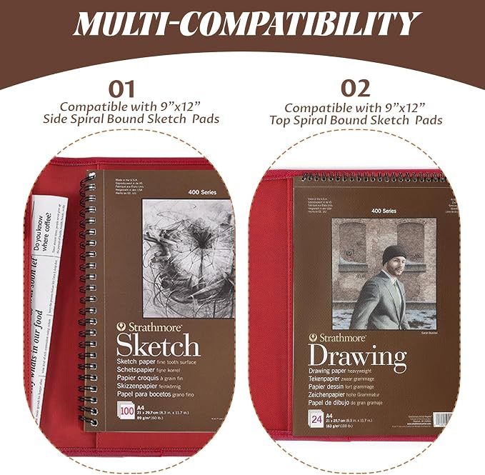 Red Leather Sketchbook Cover 9x12, Travel Drawing Portfolio | Portable sketch kit organizer, pencil holder, Fits 9x12 Sketch Book, Spiral Pad, Compact artist storage case - Image 4