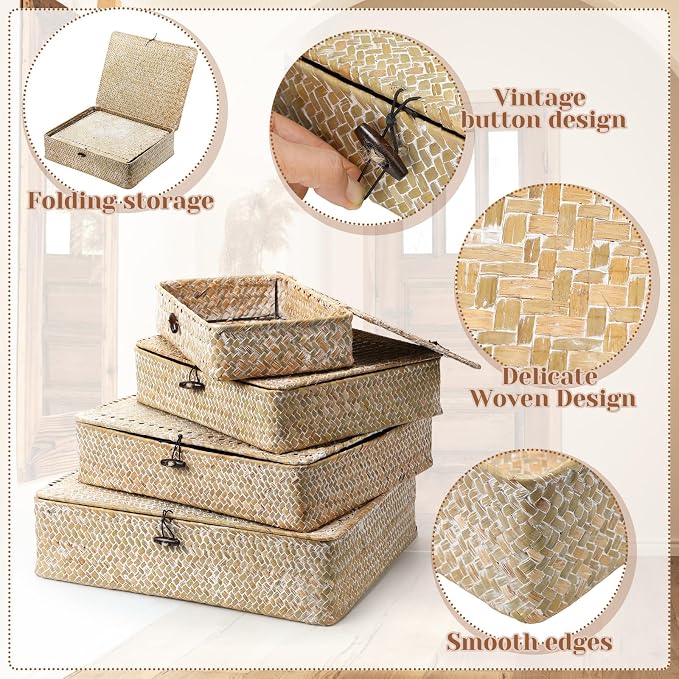 Didaey Set of 4 Seagrass Basket with Lid Wicker Storage Basket Decorative Storage Boxes with Lids Flat Storage Bins Woven Organizer Baskets for Shelf Closet Bedroom, 4 Sizes (White) - Image 3